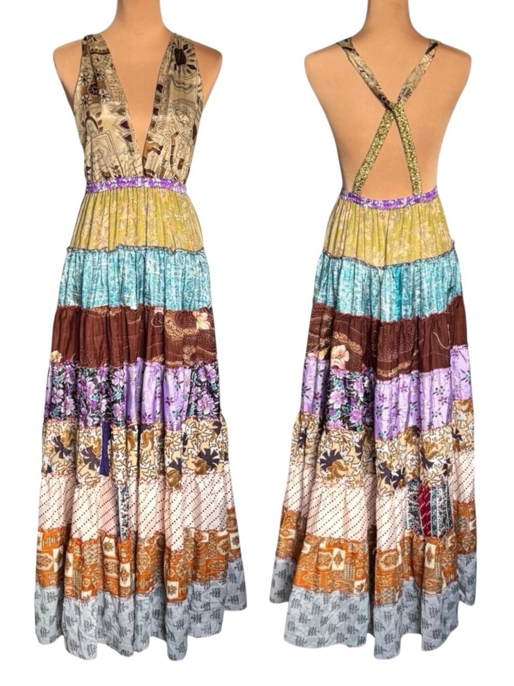 Boho Y2K Patchwork Tiered Maxi Dress Sz S Open Back Flowy Gipsy